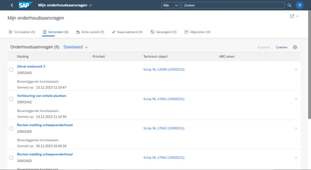 Onderhoudsaanvragen in SAP Fiori-app